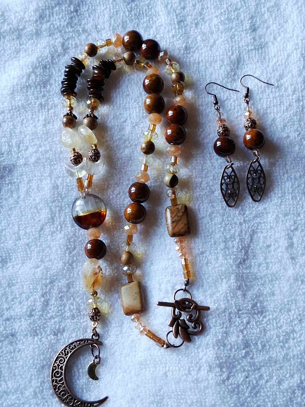 Beaded Brown and Bronze-Moon Pendant Necklace with Matching Earrings